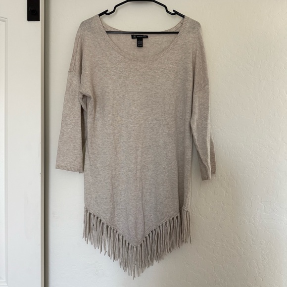 INC International Concepts Heather Fringe Tassel Sweater Beige Boho Winter Top L - Picture 1 of 5